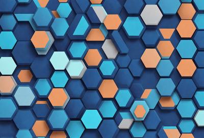 The primary subject of the image is a blue and orange geometric pattern. The setting is a blue and orange wall, which serves as the backdrop for the pattern. The visual style is a combination of digital art and illustration, creating a unique and eye-catching design. The dominant colors in the image are blue and orange, which contribute to a lively and vibrant atmosphere.