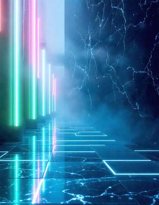 The primary subject of the image is a long, narrow hallway with a blue floor and a row of colorful lights lining the walls. The setting is a futuristic, underground environment, and the visual style is a combination of digital art and illustration. The dominant colors are blue and green, creating a cool and futuristic atmosphere.
