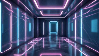 The primary subject of the image is a long, narrow hallway with a blue and pink neon lighting effect. The setting is a futuristic, high-tech environment, likely in a space station or a similar location. The visual style is a combination of digital art and illustration, creating a unique and captivating atmosphere. The dominant colors are blue and pink, which contribute to the futuristic and vibrant mood of the scene.