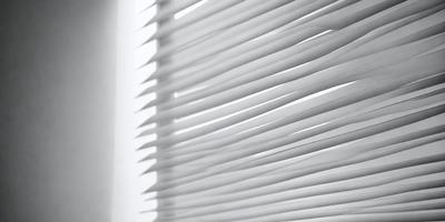 The primary subject of the image is a white shade or blind, which is covering a window. The setting is indoors, with the window being the main focus of the image. The visual style is a close-up of the shade, showcasing its texture and details. The colors in the image are predominantly white, giving it a clean and minimalist appearance.