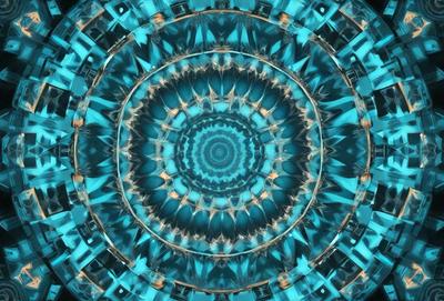 The primary subject of the image is a blue and white spiral pattern, which appears to be a digital art or illustration. The setting is a blue background, and the visual style is a combination of photo and digital art. The dominant colors are blue and white, creating a calm and serene atmosphere.