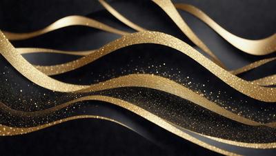 The primary subject of the image is a gold ribbon or streamer, which is the main focus of the scene. The ribbon is wavy and appears to be floating in the air. The setting is a dark background, which contrasts with the gold ribbon, making it stand out. The visual style of the image is a close-up of the gold ribbon, showcasing its texture and details. The colors and mood of the image are predominantly gold and dark, creating a sense of elegance and sophistication.