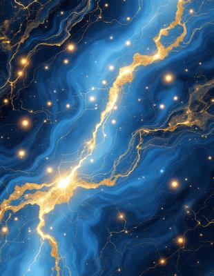 The primary subject of the image is a blue and gold galaxy, which is the main object, scene, or focus of the image. The setting or background is a blue and gold galaxy, and the visual style is digital art. The dominant colors and overall atmosphere are blue and gold, creating a vibrant and captivating scene.