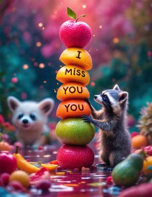 The primary subject of the image is a small raccoon standing on a stack of apples. The setting is a colorful and vibrant environment, with a backdrop of a forest. The visual style is a combination of photo and digital art, creating a whimsical and playful atmosphere. The dominant colors are red, green, and yellow, which contribute to the lively and cheerful mood of the scene.