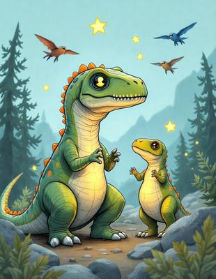 Primary subject: Dinosaurs
Setting/background: Forest
Visual style: Digital art
Colors and mood: Green, brown, and blue