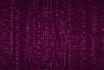 The primary subject of the image is a close-up of a purple background with a pattern of binary code. The setting is a purple wall, and the visual style is a digital art or illustration. The dominant colors are purple and pink, creating a calm and soothing atmosphere.