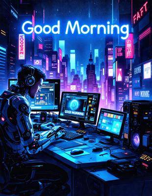The primary subject of the image is a man sitting at a desk with multiple computer monitors in front of him. He is wearing headphones and appears to be working or engaging with the screens. The setting is a futuristic cityscape, with a backdrop of tall buildings and neon lights. The visual style is a digital art or illustration, creating a vibrant and dynamic atmosphere. The colors and mood are predominantly blue and purple, giving the scene a sense of calmness and focus.