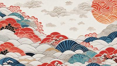The primary subject of the image is a painting featuring a wave with red and blue colors. The setting is a cloudy sky, and the visual style appears to be a combination of digital art and illustration. The dominant colors are red and blue, creating a vibrant and dynamic atmosphere.