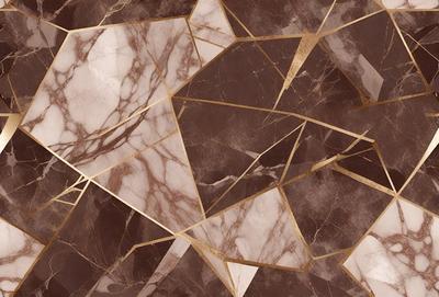 The primary subject of the image is a marble tile with a gold pattern on it. The setting is a marble surface, and the visual style is a close-up of the tile. The colors and mood of the image are predominantly gold and brown, giving it a warm and luxurious appearance.