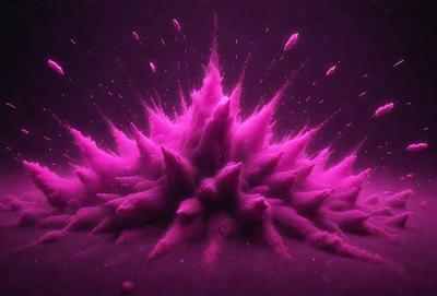 The primary subject of the image is a large, purple, pink, and white explosion, which appears to be a digital art or illustration. The setting is a dark background, and the visual style is a combination of photo and digital art. The colors and mood of the image are vibrant and energetic, with the purple and pink hues creating a sense of excitement and dynamism.
