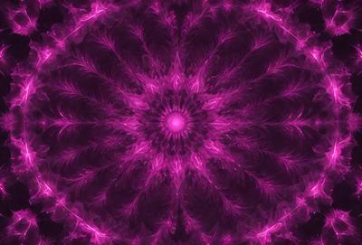 The primary subject of the image is a purple, pink, and white circular pattern. The setting is a purple background, and the visual style appears to be a digital art or illustration. The dominant colors and overall atmosphere of the image are vibrant and lively, with a sense of depth and intricacy in the pattern.