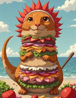 The primary subject of the image is a large, anthropomorphic sandwich with a face and a red hat. The sandwich is wearing a lei and is sitting on a beach. The setting is a beach with a blue ocean in the background. The visual style is a cartoon or comic illustration, giving the image a fun and playful atmosphere. The colors are predominantly shades of blue, green, and red, with the sandwich being the main focus of the image.