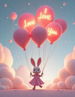The primary subject of the image is a bunny balloon, which is holding a heart-shaped balloon that says "I love you." The setting is a cloudy sky, and the visual style is digital art. The colors and mood of the image are predominantly pink, creating a warm and loving atmosphere.