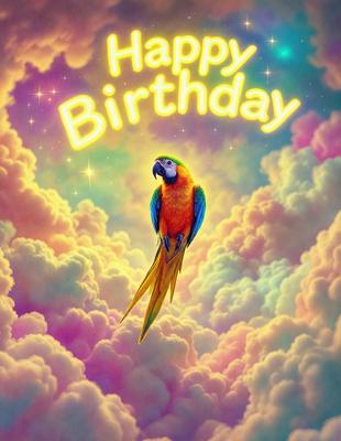 The primary subject of the image is a colorful parrot, which is the main focus of the scene. The parrot is perched on a cloud, creating a whimsical and playful atmosphere. The setting is a vibrant and lively environment, with the parrot being the center of attention. The visual style of the image is a combination of digital art and illustration, giving it a unique and creative appearance. The colors used in the image are predominantly pink, blue, and yellow, which contribute to the overall cheerful and happy mood of the scene.