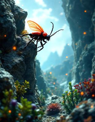 The primary subject of the image is a red and black beetle, which is standing on a rock. The setting is a rocky environment with a mountainous background. The visual style is a digital art, creating a vibrant and detailed scene. The dominant colors are red and black, giving the image a bold and striking appearance.