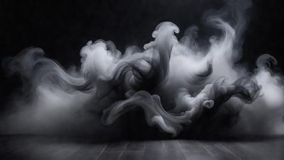 The primary subject of the image is a black and white photo of smoke or steam, possibly from a steam engine or a factory. The setting is a dark room, and the visual style is a black and white photograph. The dominant colors are black and white, and the overall atmosphere is mysterious and dramatic.