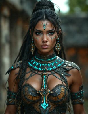 The primary subject of the image is a woman wearing a gold and blue costume, with a blue necklace and blue earrings. She is posing for the camera, and her eyes are open. The setting is a stone wall, which serves as the backdrop for the photo. The visual style is a close-up of the woman, showcasing her unique costume and accessories. The colors and mood of the image are vibrant and energetic, with the gold and blue costume and the woman's confident pose creating a lively atmosphere.