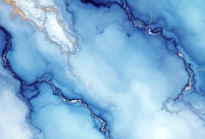 The primary subject of the image is a blue and white marbled surface, which appears to be a wall or a piece of art. The setting is a cloudy sky, creating a contrasting backdrop for the marbled surface. The visual style of the image is a combination of photo and digital art, as it captures the intricate patterns and textures of the marbled surface. The colors and mood of the image are predominantly blue and white, with a slightly moody atmosphere due to the cloudy sky.