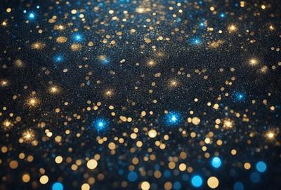 The primary subject of the image is a starry night sky filled with glittering stars. The setting is a dark, star-filled sky, and the visual style is a digital art or illustration. The colors and mood of the image are predominantly blue and gold, creating a serene and celestial atmosphere.