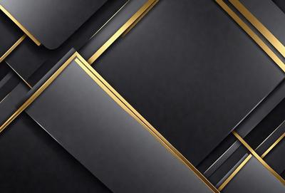 The primary subject of the image is a black and gold patterned wallpaper. The setting is a room with a black background, and the visual style is a combination of photo and digital art. The dominant colors are black and gold, creating a sophisticated and elegant atmosphere.