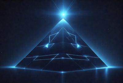 The primary subject of the image is a blue triangle, which is the main object, scene, or focus of the image. The setting or background is a dark blue surface, and the visual style appears to be a digital art or illustration. The dominant colors and overall atmosphere are dark and moody, with the blue triangle being the main source of light and contrast.