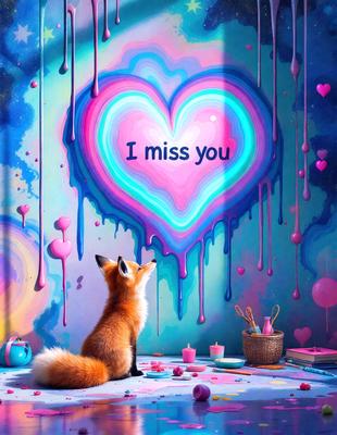The primary subject of the image is a fox sitting on a table. The setting is a room with a colorful and artistic backdrop, featuring a heart-shaped painting on the wall. The visual style is a combination of photo and digital art, creating a unique and vibrant atmosphere. The colors and mood of the image are predominantly pink and playful, with the heart-shaped painting adding a touch of warmth and love.