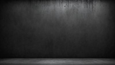 The primary subject of the image is a large, dark grey wall. The setting is a room with a concrete floor. The visual style is a black and white photo, giving the image a classic and timeless appearance. The dominant colors are grey and black, creating a moody and dramatic atmosphere.
