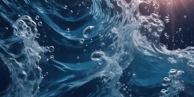 The primary subject of the image is a blue ocean filled with bubbles. The setting is underwater, with the sunlight shining through the water, creating a serene and calming atmosphere. The visual style is a combination of a photo and digital art, as the image captures the beauty of the ocean and the bubbles in a realistic manner. The colors and mood are predominantly blue, with the sunlight adding a touch of warmth to the scene.