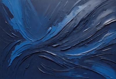 The primary subject of the image is a painting of a blue wave. The setting is a dark blue background, and the visual style appears to be a digital art or illustration. The dominant colors are blue and black, creating a calm and serene atmosphere.