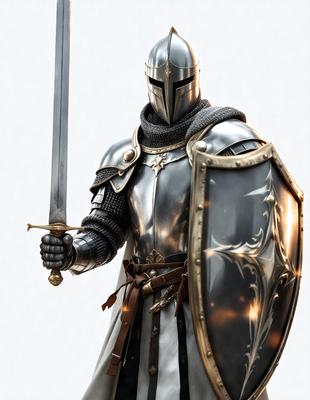The primary subject of the image is a knight in a silver suit of armor, holding a sword. The setting is a white background, which provides a clean and uncluttered environment for the knight's display. The visual style is digital art, as the knight is depicted in a highly detailed and realistic manner. The colors and mood of the image are predominantly silver and metallic, giving the scene a sense of elegance and strength.