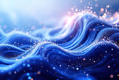 The primary subject of the image is a blue ocean with a wave. The setting is a vast body of water, and the visual style is a digital art or illustration. The dominant colors are blue and white, creating a serene and calming atmosphere.