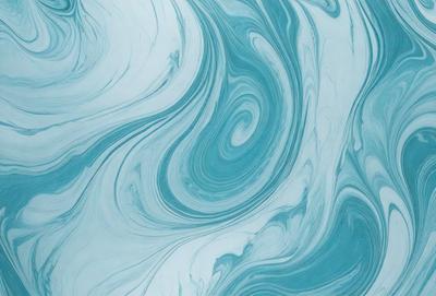 The primary subject of the image is a swirling, blue-green pattern that resembles a water-like surface. The setting is a blue background, which complements the vibrant colors of the swirl pattern. The visual style appears to be a combination of a photo and a digital art or illustration, as the swirl pattern is both detailed and visually appealing. The dominant colors are blue and green, creating a serene and calming atmosphere.
