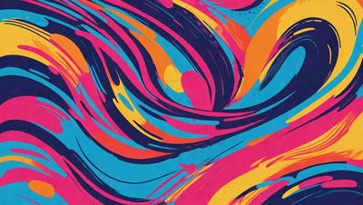 The primary subject of the image is a colorful, abstract painting featuring a mix of blue, orange, and pink colors. The painting is displayed on a blue background, which adds to the vibrant atmosphere of the artwork. The visual style of the painting is a combination of digital art and illustration, creating a unique and eye-catching design. The colors and mood of the painting evoke a sense of energy and creativity, making it an appealing and engaging piece of art.