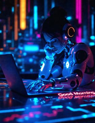 The primary subject of the image is a woman wearing a futuristic outfit, sitting at a desk and using a laptop. The setting is a futuristic environment, possibly a nightclub or a similar space. The visual style is a combination of digital art and illustration, creating a unique and captivating scene. The colors and mood of the image are predominantly blue, giving it a cool and futuristic vibe.