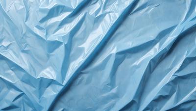 The primary subject of the image is a blue plastic sheet, which is the main object, scene, or focus of the image. The setting or background is a blue surface, which could be a table, a wall, or a piece of fabric. The visual style of the image is a close-up of the blue plastic sheet, showcasing its texture and color. The colors and mood of the image are predominantly blue, creating a calm and serene atmosphere.