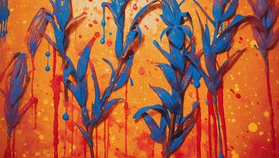 The primary subject of the image is a painting of blue and orange flowers. The setting is a wall with a painting of flowers on it. The visual style is a painting, and the colors and mood are vibrant and lively.