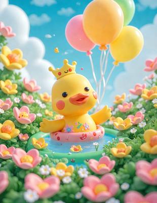 The primary subject of the image is a yellow rubber ducky sitting in a pink pool filled with flowers. The setting is a garden with a pink and white color scheme. The visual style is a digital art illustration, giving the image a whimsical and playful atmosphere.