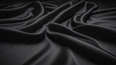 The primary subject of the image is a close-up of a black fabric, possibly a piece of velvet or a curtain. The setting is a dark background, which emphasizes the fabric's texture and appearance. The visual style is a close-up, focusing on the details of the fabric. The colors and mood of the image are predominantly dark, with the black fabric being the main focus.