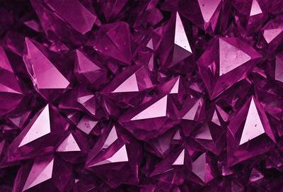 The primary subject of the image is a close-up of a purple crystal, which is the main object in the scene. The setting is a purple background, and the visual style appears to be a digital art or illustration. The dominant colors in the image are purple and pink, creating a vibrant and lively atmosphere.