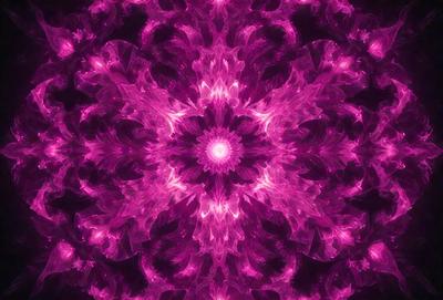 The primary subject of the image is a large, purple, pink, and orange flower. The flower is the main object, scene, or focus of the image. The setting or background consists of a purple and pink patterned background. The visual style of the image is a digital art or illustration, as it is a close-up of the flower with a vibrant and colorful appearance. The dominant colors in the image are purple, pink, and orange, creating a warm and lively atmosphere.