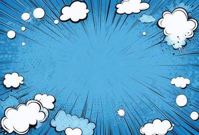 The primary subject of the image is a blue sky with clouds. The setting is a bright and sunny day, with the sky being the main focus of the image. The visual style is a combination of digital art and illustration, creating a vibrant and dynamic atmosphere. The colors and mood are predominantly blue and sunny, with the clouds adding a touch of whimsy and playfulness to the scene.
