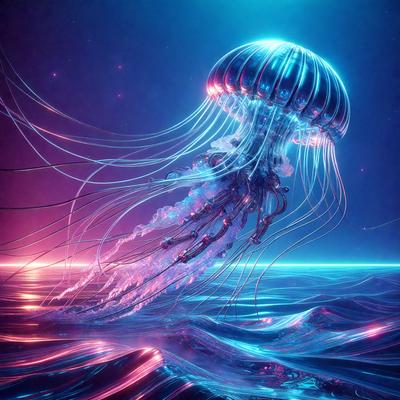 The primary subject of the image is a large, blue, and purple jellyfish floating in a blue ocean. The setting is a vast, open ocean with a blue background. The visual style is a digital art or illustration, creating a vibrant and colorful scene. The dominant colors are blue and purple, giving the image a calming and serene atmosphere.
