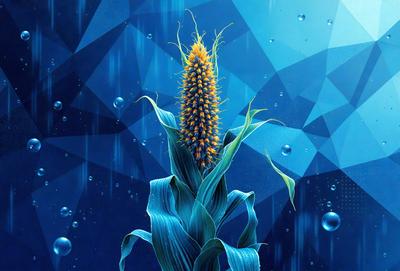 The primary subject of the image is a tall, yellow flower with green leaves, which is growing in a blue and white patterned background. The setting appears to be a rainy environment, as the flower is surrounded by water droplets. The visual style of the image is a combination of photo and digital art, creating a unique and artistic representation of the flower. The dominant colors in the image are blue, white, and yellow, with the blue and white pattern adding a sense of depth and contrast to the scene.