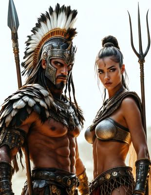 The primary subject of the image is a man and a woman, both dressed in ancient-looking costumes. The man is wearing a helmet and a warrior's outfit, while the woman is wearing a similar costume. They are standing together, possibly posing for a picture.

The setting appears to be a desert-like environment, with a sandy surface visible in the background. The visual style of the image is a combination of photo and digital art, creating a unique and intriguing scene. The colors in the image are predominantly earth tones, giving the scene a warm and natural atmosphere.