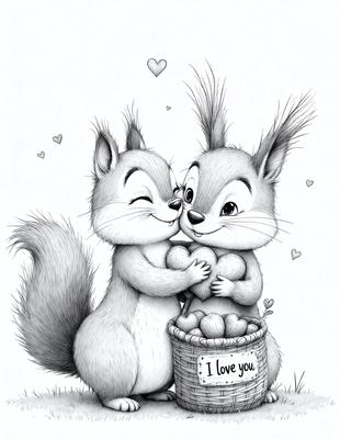 The primary subject of the image is a cartoon drawing of two squirrels, one on the left and one on the right, with hearts above their heads. They are both holding hearts in their paws. The setting is a grassy area, and the visual style is a hand-drawn illustration. The colors are predominantly shades of brown and pink, creating a warm and friendly atmosphere.