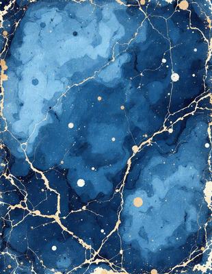 The primary subject of the image is a blue and gold painting featuring a blue background with gold stars. The setting is a blue and gold marbled surface, which adds to the visual style of the painting. The colors and mood of the painting are vibrant and lively, with the blue background and gold stars creating a sense of depth and dimension.