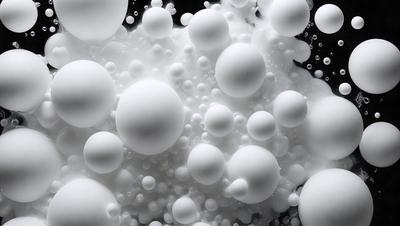 The primary subject of the image is a close-up of a white, foamy substance, possibly a soap bubble or a frothy liquid. The setting is a black background, which contrasts with the white substance, creating a visually striking scene. The visual style appears to be a close-up of a pattern, possibly a digital art or illustration, with a focus on the white bubbles. The colors and mood of the image are predominantly white, giving it a clean and fresh appearance.