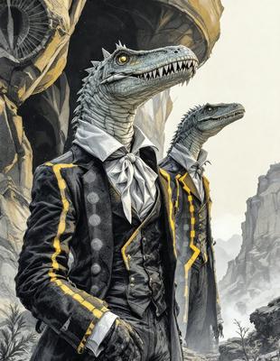 The primary subject of the image is a man dressed in a suit and tie, standing next to another man who is also dressed in a suit and tie. The setting is a rocky outdoor environment, with the men standing in front of a mountain. The visual style of the image is an illustration, with the men depicted as dinosaurs. The colors and mood of the image are dark and dramatic, with the men's outfits and the rocky landscape creating a sense of mystery and intrigue.