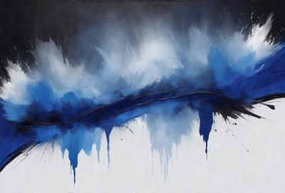 The primary subject of the image is a painting of a blue ocean with white clouds. The setting is a white background, and the visual style appears to be a digital art or illustration. The dominant colors are blue and white, creating a serene and calming atmosphere.