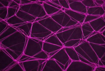 The primary subject of the image is a close-up of a purple mesh or netting. The setting is a dark background, which contrasts with the purple mesh. The visual style is a close-up of the mesh, showcasing its intricate structure. The colors and mood of the image are predominantly purple, creating a sense of depth and complexity.